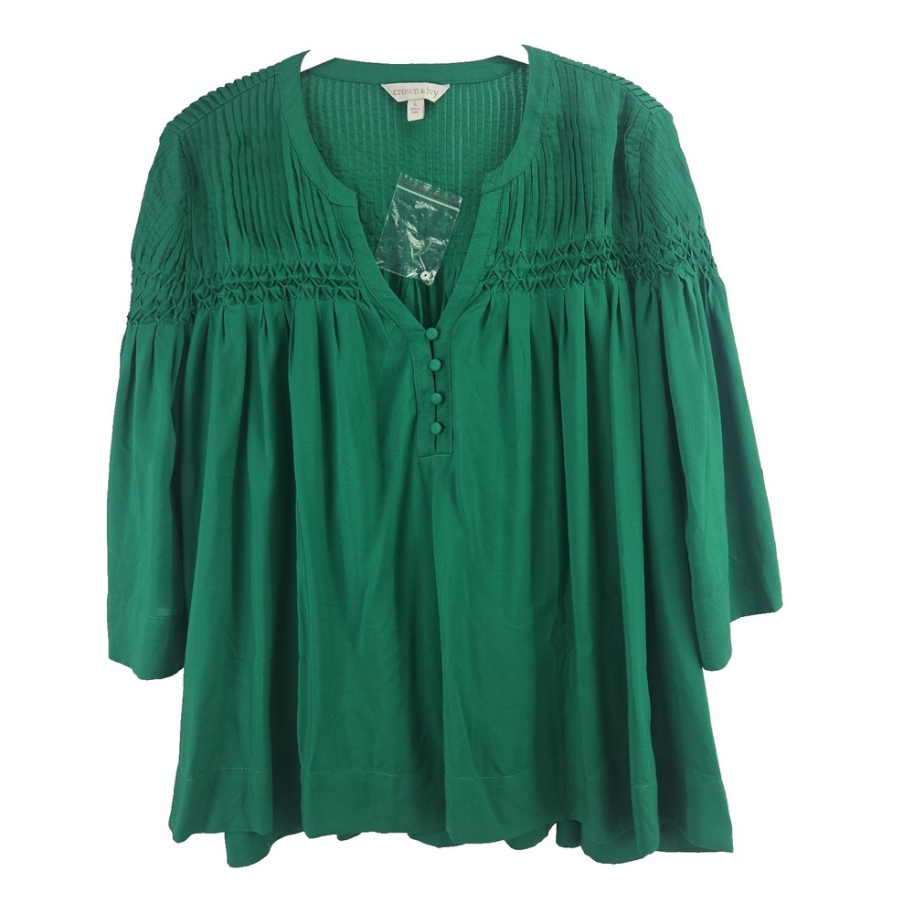 Crown & Ivy Kelly Green 100% Modal V-neck   Flutter Sleeve Hi-low Top L